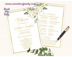 Ivory Roses Wedding program fan,Cream Roses Wedding itinerary,(123b)